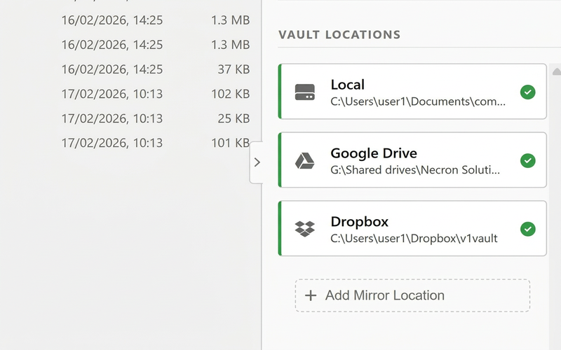 Necron Vault Manager vault locations panel showing Local, Google Drive, Dropbox, OneDrive with green sync status checks