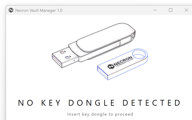 Necron Vault Manager master key and USB key drive status indicator showing hardware key connection