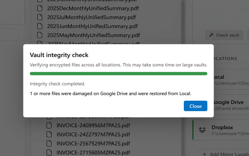Necron Vault Manager vault integrity check interface with Check vault button and vault health statistics
