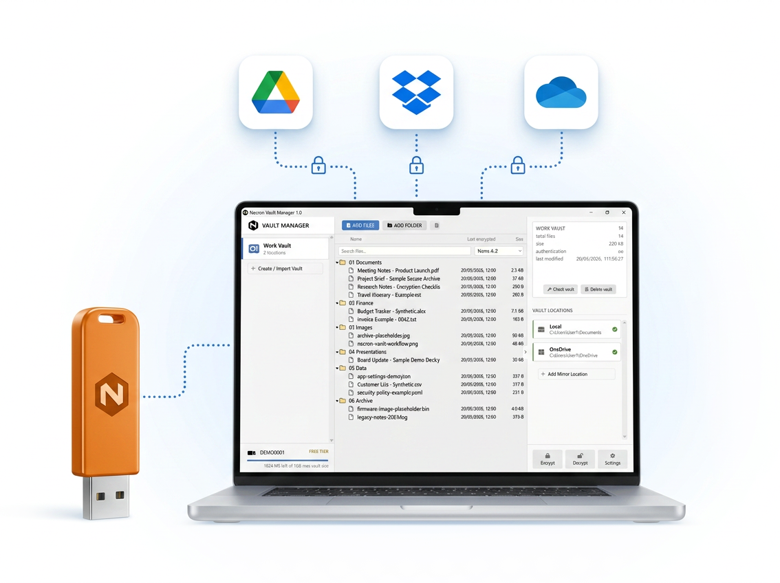 Necron Vault Manager encrypted vault interface showing file encryption controls and vault locations