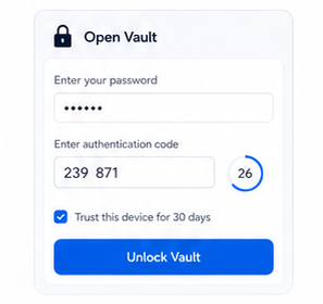 Vault unlock dialog with password, authenticator code and Unlock Vault button